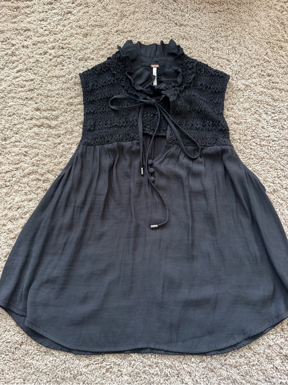 Free People Black Ruffled Tie-Neck Sleeveless Blouse